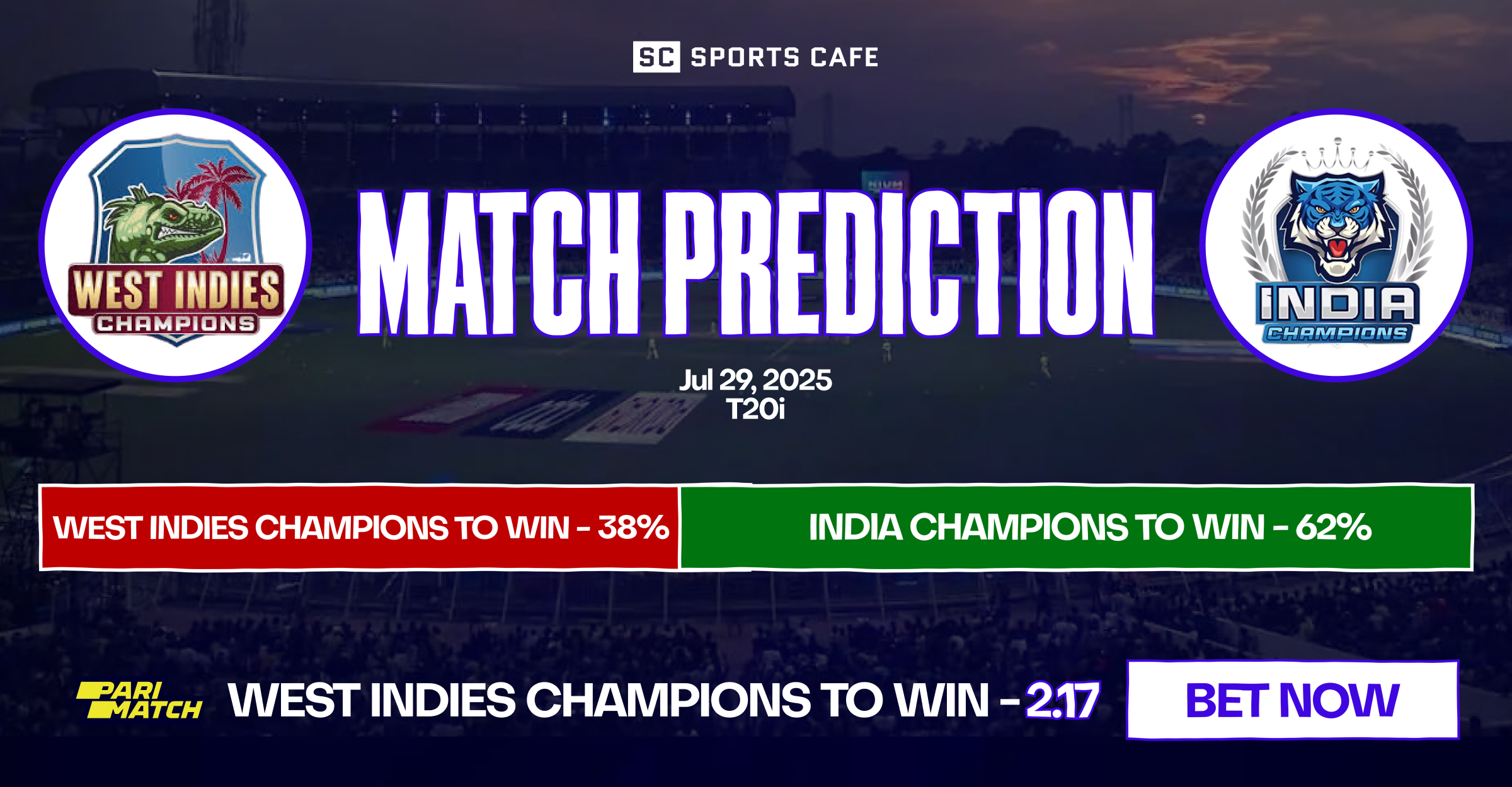 West Indies Champions vs India Champions match prediction.